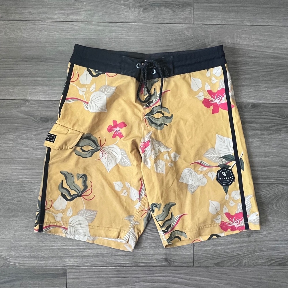 Vissla Mens Board Shorts Size 28 Yellow Floral Upcycled Coconut Poly M115MMOO